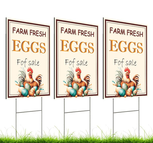 Set of 3 Double Sided 12x16 Inches Farm Fresh Eggs For Sale Sign with Metal H-Stakes - Fresh Chicken Eggs For Sale Sign - Plastic Farm Fresh Eggs Sold Here Yard Sign - Signs Chicken Coop Decoration