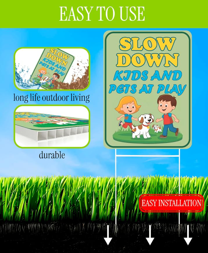 Set of 3 Double Sided Sign 12x16 Inches Plastic Metal H-Stakes "SLOW DOWN KIDS AND PETS AT PLAY" - Children at Playing Safety Signs for Street - Neighborhood Watch Speed Limit Signage