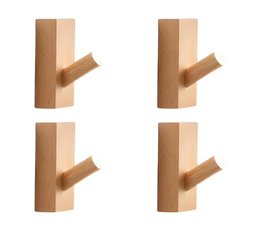 ULVEOL Set of 4 Rustic Wooden Wall Hooks - Heavy Duty Adhesive Coat Hooks for Towels, Hats, Coats & More - Beech Wood, 15kg Capacity