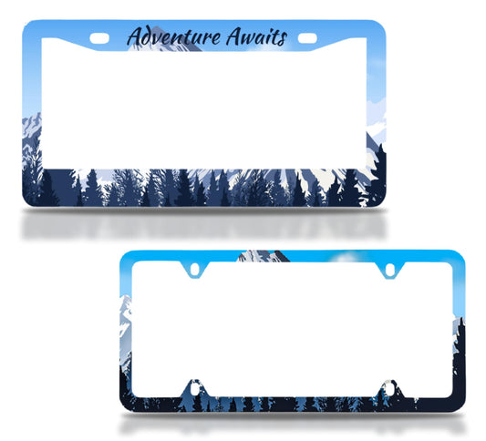 Set of 2 Personalized Car License Plate Frame Adventure Awaits - Metal License Plate Frame Car Universal Accessories - Stainless Steel Plate Frame with Screws 6 x 12.25 inches and 2 Holes and Screws