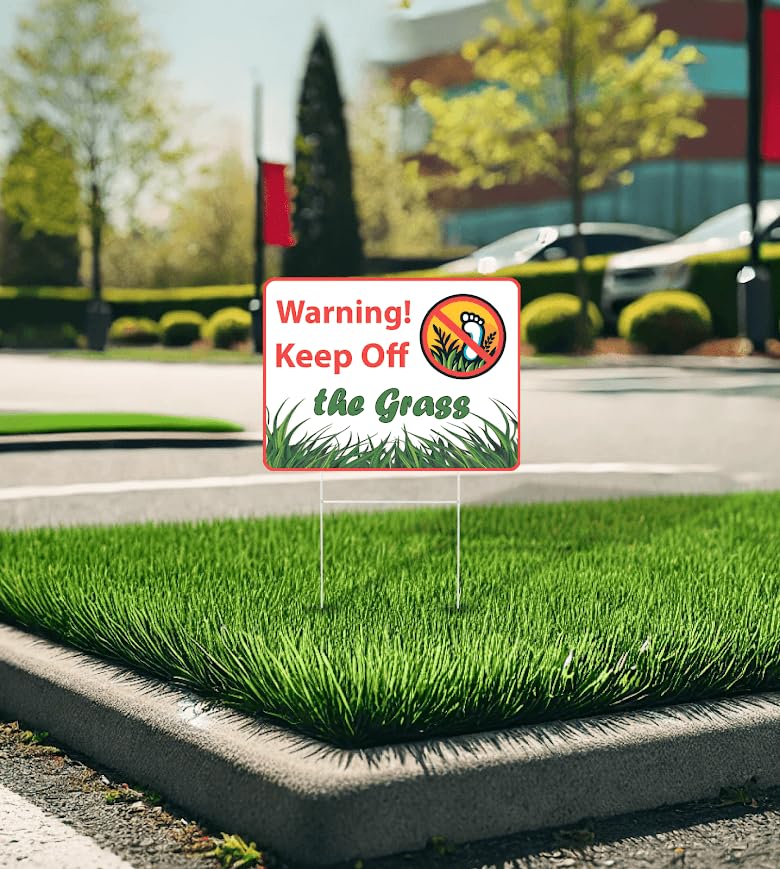 Set of 3 Double Sided 12x8 Inches Plastic Sign "Warning! Keep Off the Grass" - Signs to Warn Others and Protect Your Lawn from Unwanted Damage - Signage Warning Avoid This Private Lawn Area