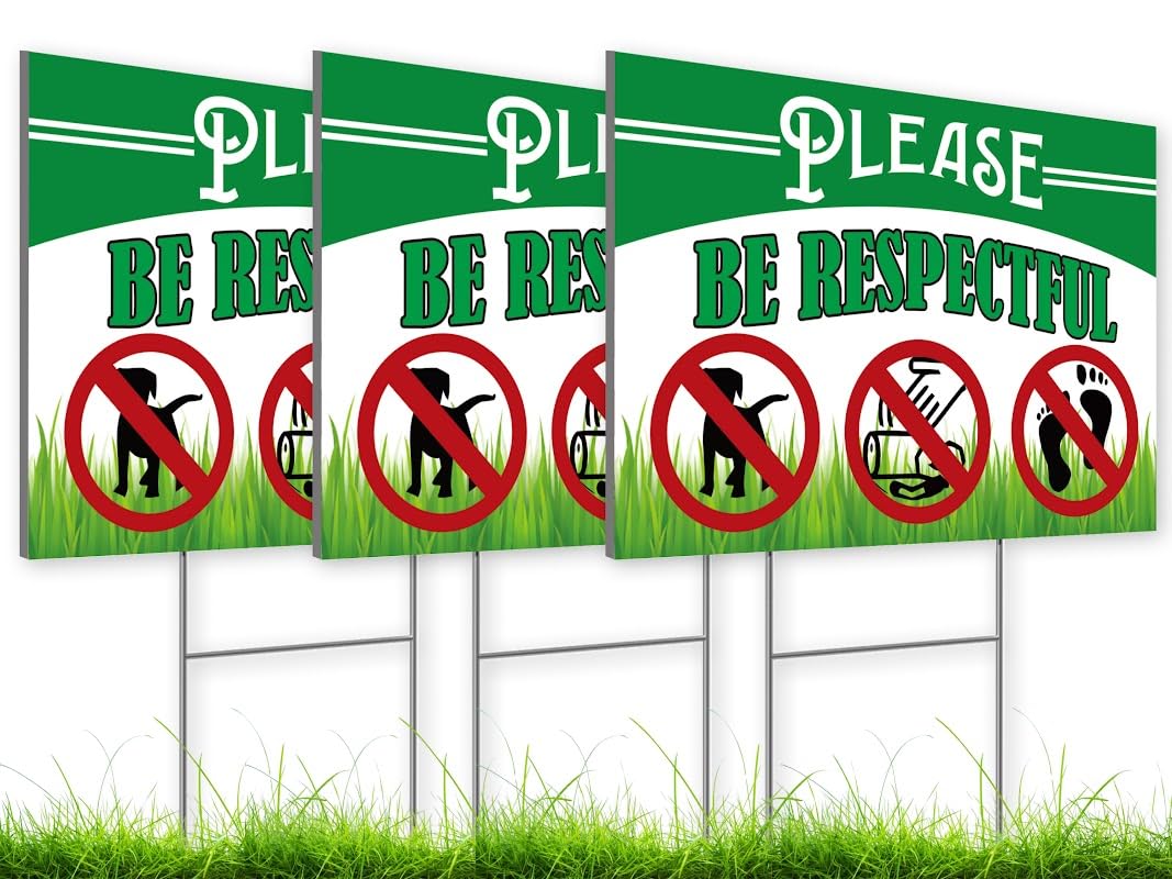 Pack of 3 Be Respectful Dog Sign 8x12 Inch Double Sided - No Dog Poop Signs for Yard - Pick Up After Your Dog Sign - No Pets No Dogs Allowed or Please Keep Off Grass Lawn Signs with Stakes