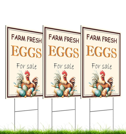 12x16 Inches Set of 3 Farm Fresh Eggs For Sale Plastic Sign with Metal H-Stakes - Double Sided Funny Signs Coop Decor - Farm Sale Eggs Home Decor for Outdoor and Indoor - Sold Here Yard Sign