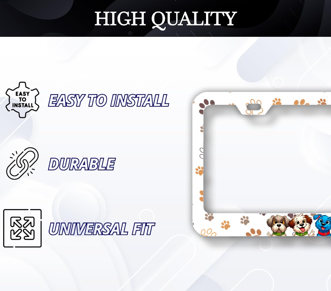 License Plate Frame 6x12.25 Inches with Animal Paws on Frame with 2 Standard Slotted Mounting Holes - Stainless Steel Number Plate Frame with Print - Exclusive Print and Decoration for Your Car