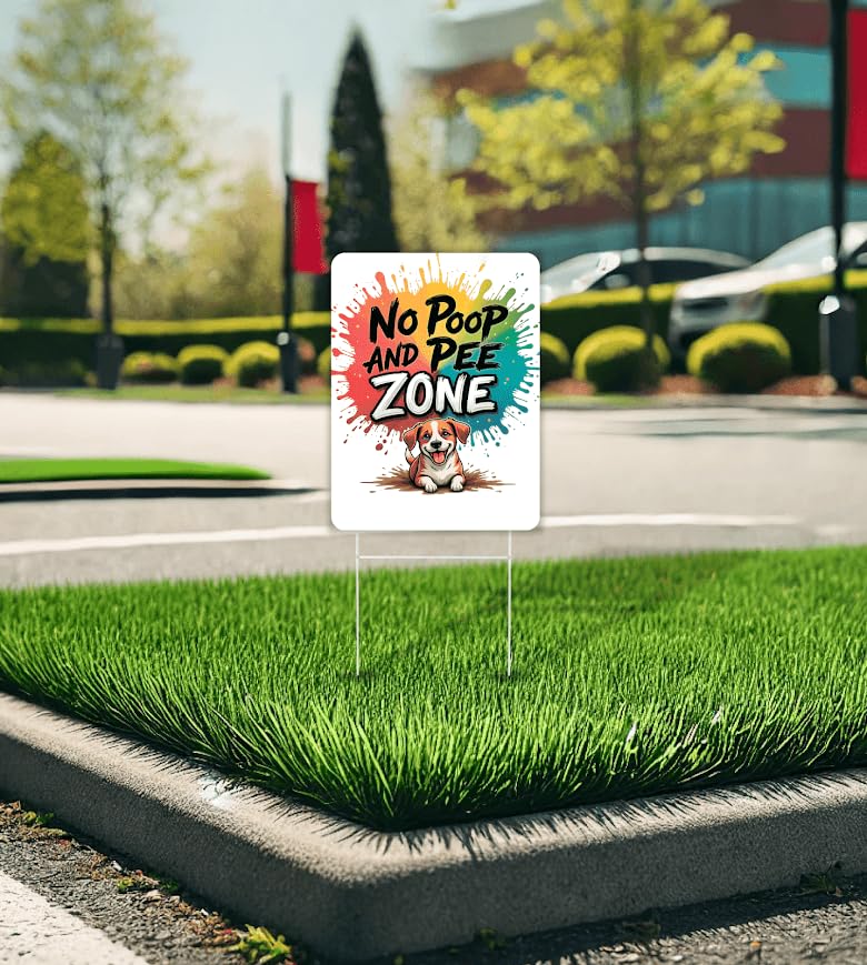 Set of 3 Double Sided 12x8 Inches Plastic Sign "No Poop and Pee Zone" - Signs Pick Up After Your Dogs - Signage No Pooping and Peeing Dog for Yard - Keep Animals Off Grass and Clean Up After