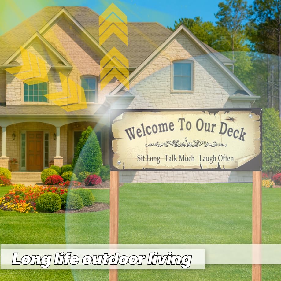 15.7x5.9 inch Metal Tin Signs with Quote "Welcome to Our Deck" - Welcome Signs for Backyard Wall Decor Accessories - Sit Long Talk Much Laugh Often - Perfect for Home and Garden Decorations
