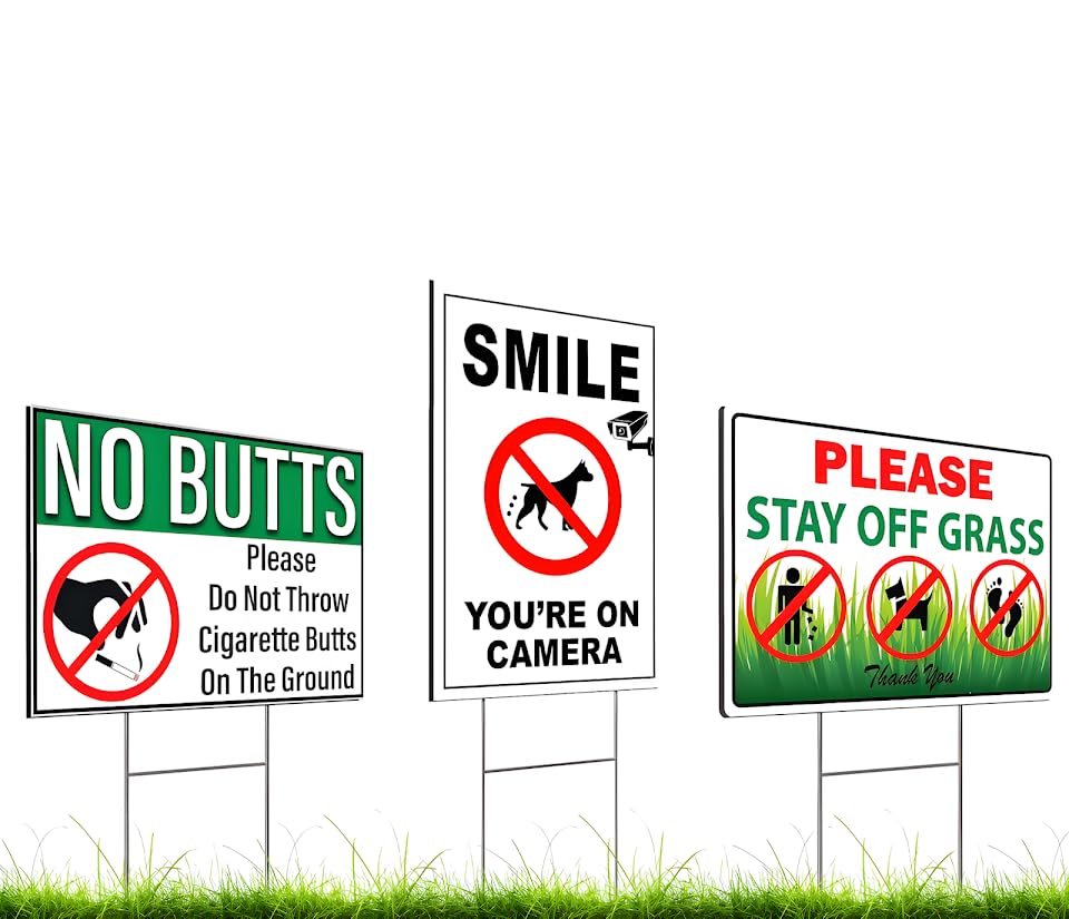 Set of 3 Double Sided 12x8 Inches Plastic Please Do Not Throw Cigarette Butts Signs with Metal H-Stakes - Please Stay Off Grass Sign - No Dog Poop Signs for Yard Outdoor or Garden
