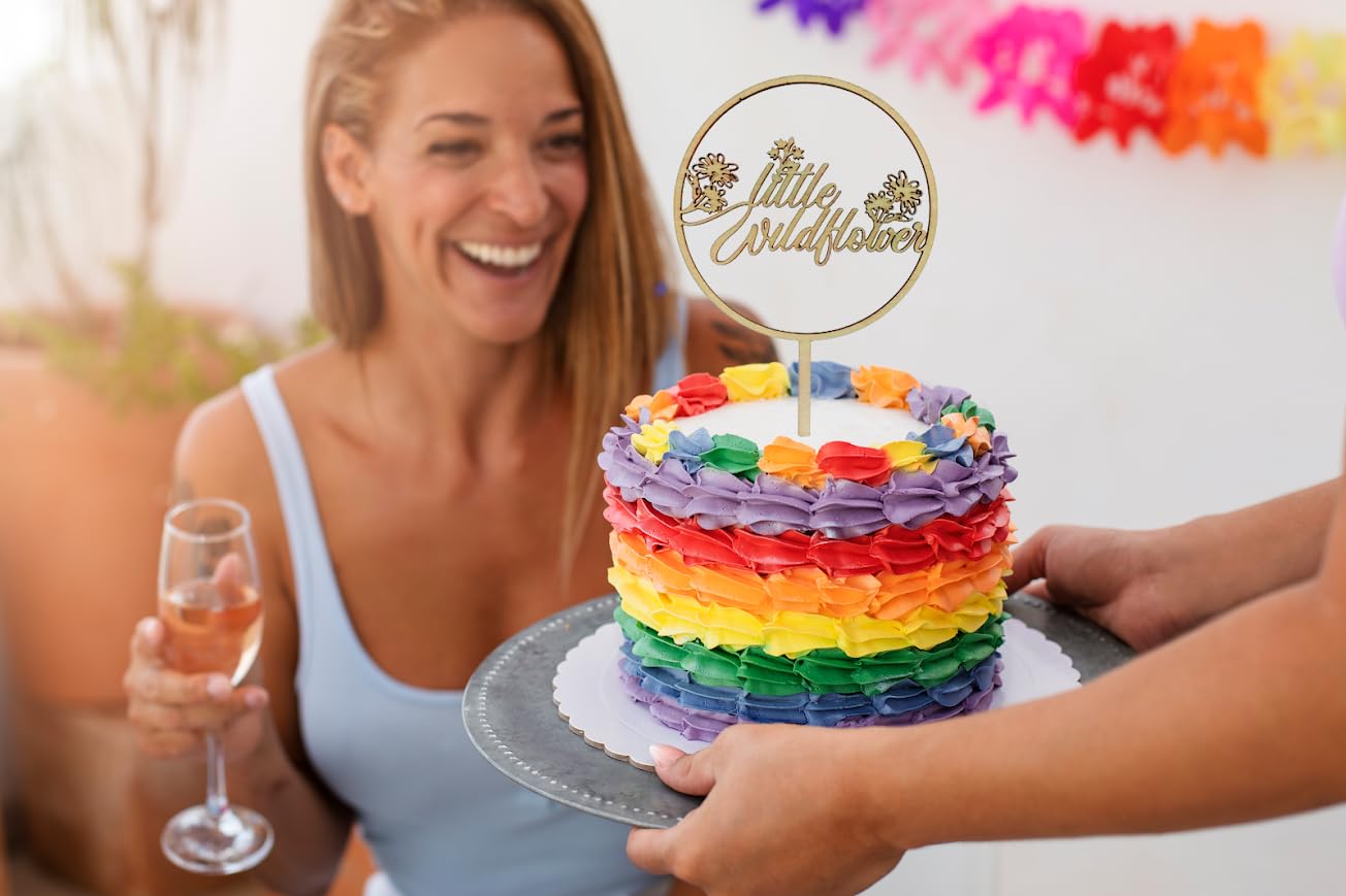 4.72x8.18 Inch Wood Wildflower Cake Topper - Little Wildflower Birthday Decorations - Girls Wild One Birthdays Cake Toppers - Floral Baby Shower Decoration - Souvenirs Birthday for Family and Friends