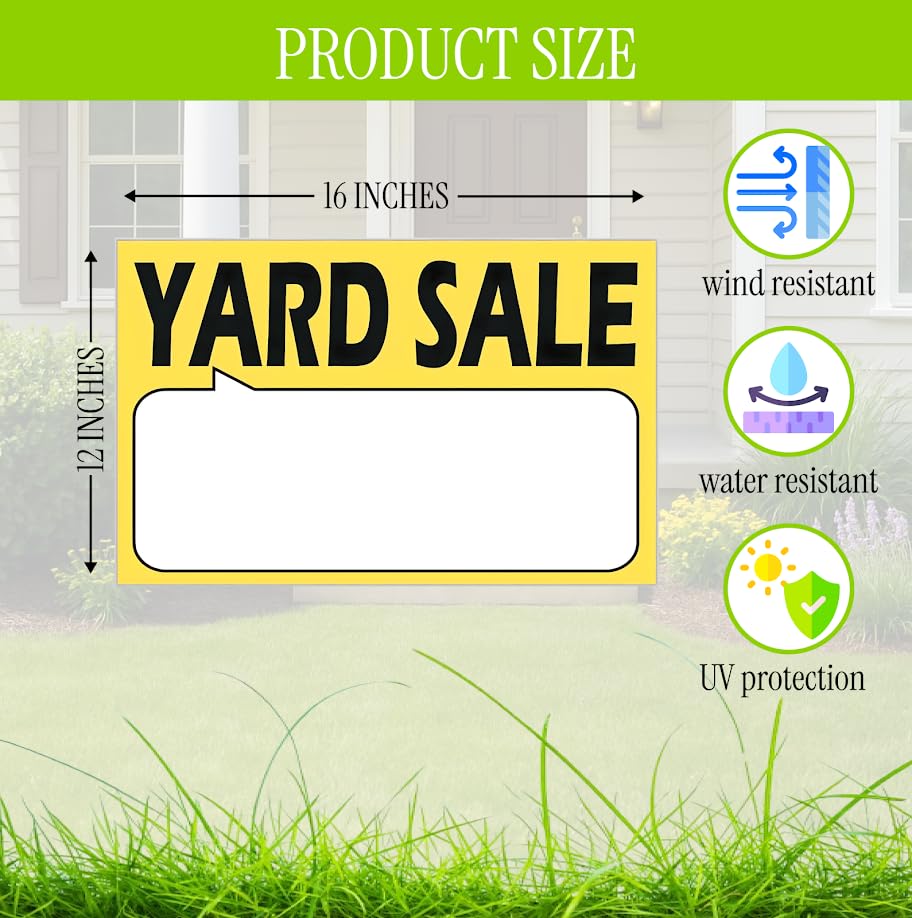 Set of 3 Double Sided 12x16 Inches Plastic Yard Sale Signs with Metal H-Stakes - Agent Realtor Supplies - Visibility Yard Sales Sign with Space To Fill - Plastic Signs for Outdoor Estate Sales