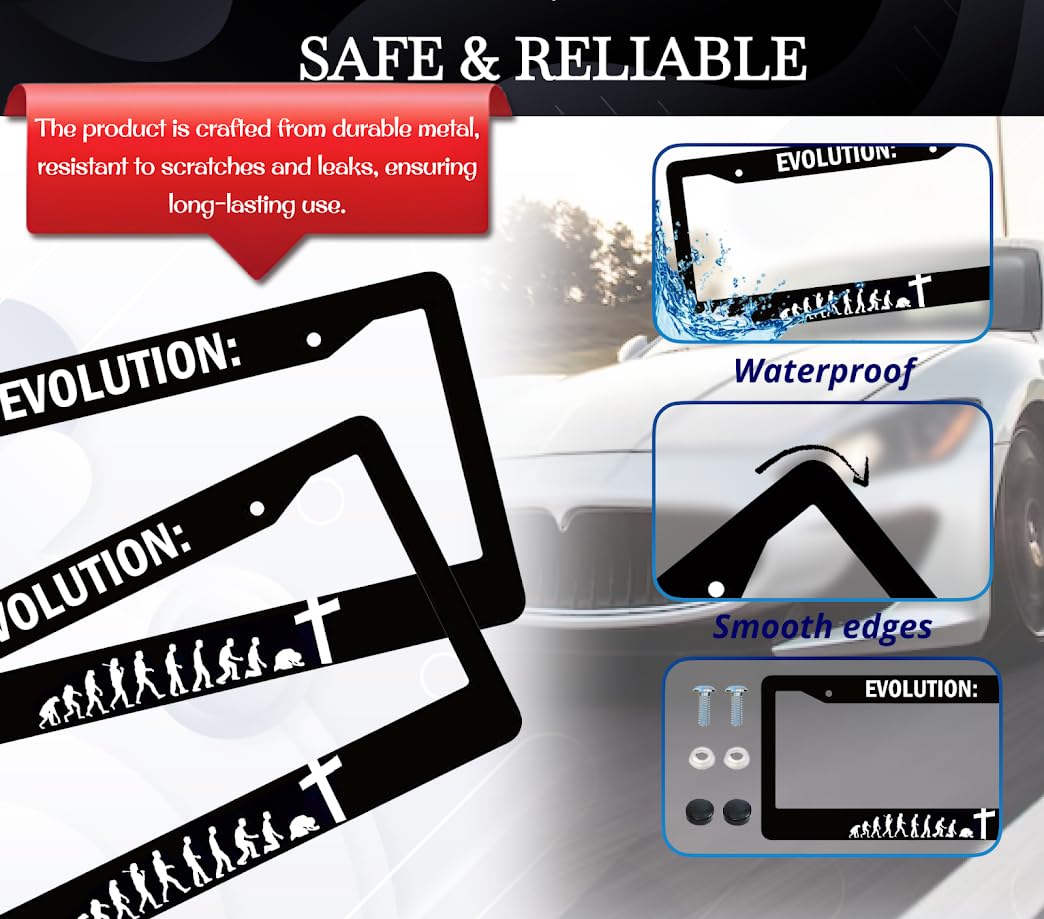 6x12.25 inch Personalized Car Black License Plate Frame with Quote Evolution with 2 Holes and Screws - Aluminium Christian Auto License Plate Frame Accessory for Standard Cars USA for Front or Rear