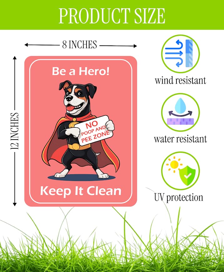 Set of 3 Double Sided 12x8 Inches Plastic Sign "Be a Hero! No Poop and Pee Zone Keep it Clean" - No Pooping and Peeing Dogs for Yard - Please Clean After Your Animals in the Lawn