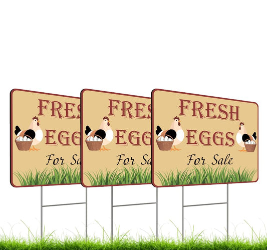 Set of 3 Double Sided 12x16 Inches Fresh Eggs For Sale Sign with Metal H-Stakes - Plastic Sign Fresh or Egg Sign for Outdoor and Indoor - Fresh Chicken Eggs For Sale Yard Sign