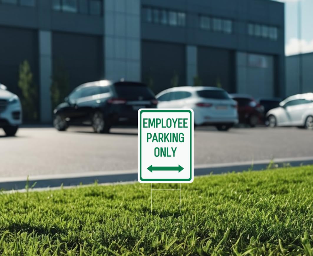 Set of 3 Double Sided 12x16 Inches Employee Parking Only Sign with Metal Wire H-Stakes - Plastic Sign with Bidirectional Arrow - Green and White Employee Parking Signs for Business