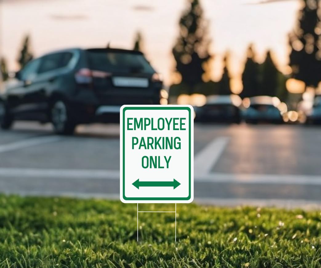 Set of 3 Double Sided 12x16 Inches Employee Parking Only Sign with Metal Wire H-Stakes - Plastic Sign with Bidirectional Arrow - Green and White Employee Parking Signs for Business