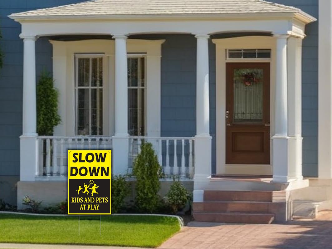 6 Pack 8x12 inch Double Sided Please Slow Down Kids and Pets at Play Yard Signs with Metal Wire H-Stakes - Drive Like Your Kids Live Here Sign - Children At Play Safety signs for Street Sign