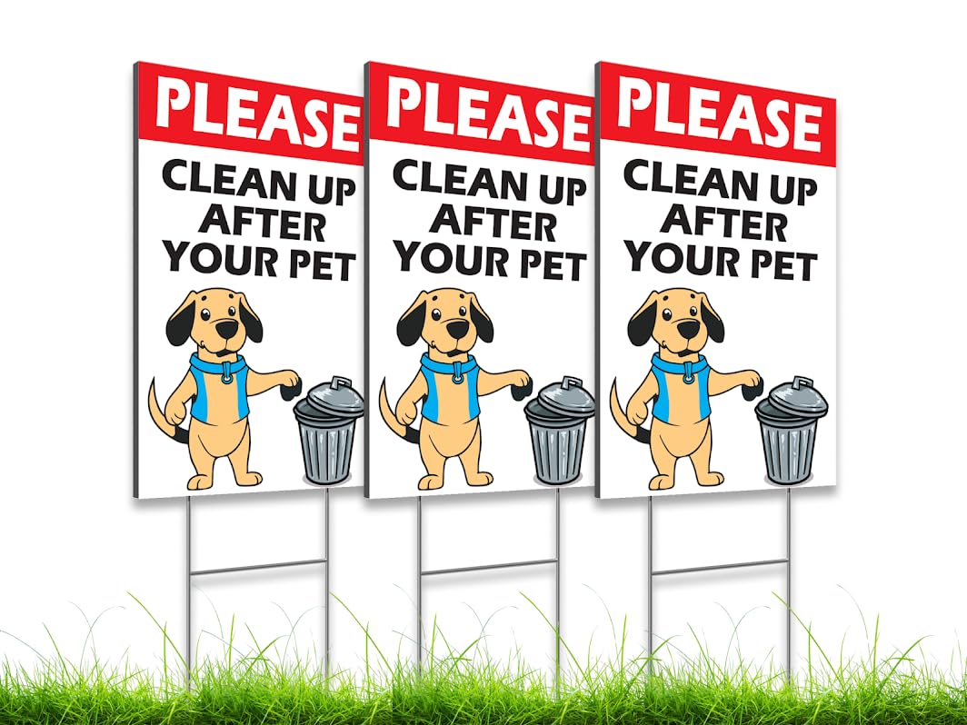 Pack of 3 Clean Up After Your Dog Yard Signs 8" x 12" inch - Funny No Dog Poop Signs for Yard Sign with Stake - Keep Dogs off Grass Signs for Yard Garden Lawn - No Dogs Allowed or Keep off Grass Sign