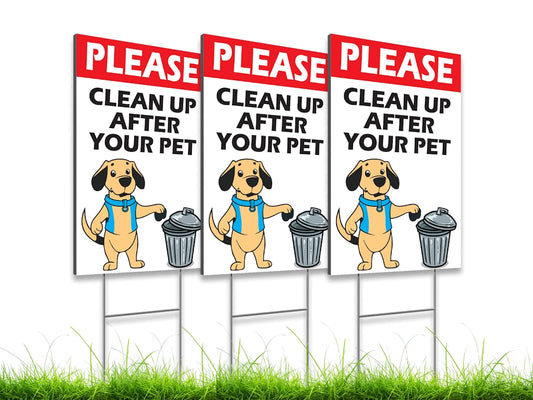 Pack of 3 Clean Up After Your Dog Yard Signs 8" x 12" inch - Funny No Dog Poop Signs for Yard Sign with Stake - Keep Dogs off Grass Signs for Yard Garden Lawn - No Dogs Allowed or Keep off Grass Sign