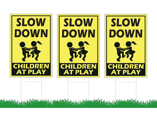 Street Safety Signs with Stakes 12x8 Inch - Attention Kids Playing Road Sign Double Sided - Caution and Slow Kids Playing Standing Sign - Drive Like Your Kids Live Here - Kids in Play Safety Signs