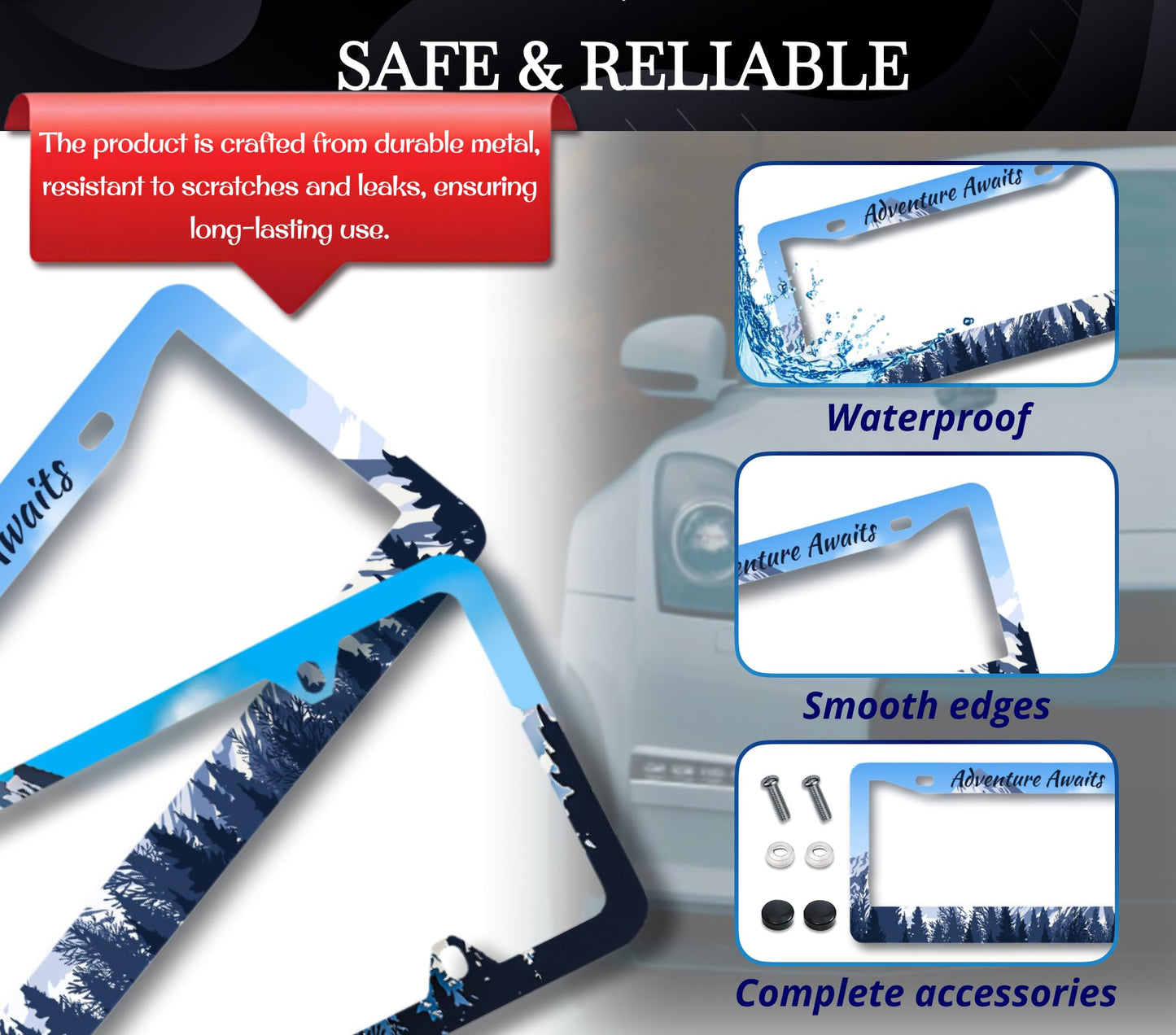 Set of 2 Personalized Car License Plate Frame Adventure Awaits - Metal License Plate Frame Car Universal Accessories - Stainless Steel Plate Frame with Screws 6 x 12.25 inches and 2 Holes and Screws