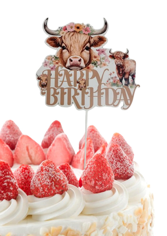 6.7x7.6 Inch Highland Cow Happy Birthday Cake Topper Paper - Highlands Cow Birthday Party Supplies - Brown Glitter Highland Cow Cake Decor for Western Cowboy Theme - Birthday Party Baby Shower