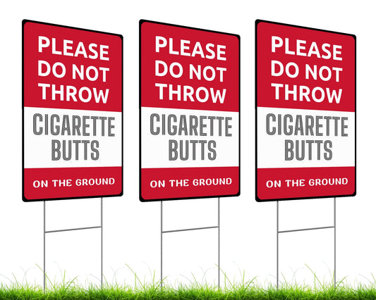 Set of 3 Double Sided 12x8 Inches Please Do Not Throw Cigarette Butts On The Ground Sign with Metal Stakes - Cigarettes Butts Decorative Signage - No Smoking Table Plastic Sign