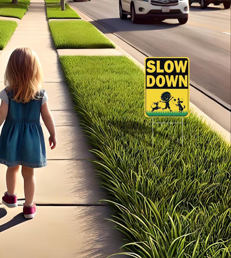 Set of 3 Double Sided 12x16 Inches "Slow Down" Sign with Metal H-Stakes - Caution Children at Play Signs for Avenue - Kids Alert Street Safety Highway Signage - School Zone Speed Limit