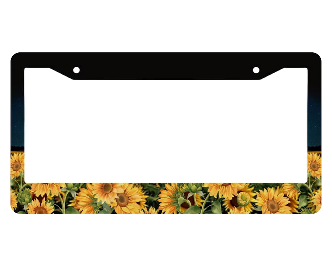 Personalized License Plate Frame Sunflower - Standart Cars USA Tag Frame for Front and Rear - Yellow Floral License Plate Holder - Metal Black Car Cover Tag Holder Frames with 2 Holes and Screw