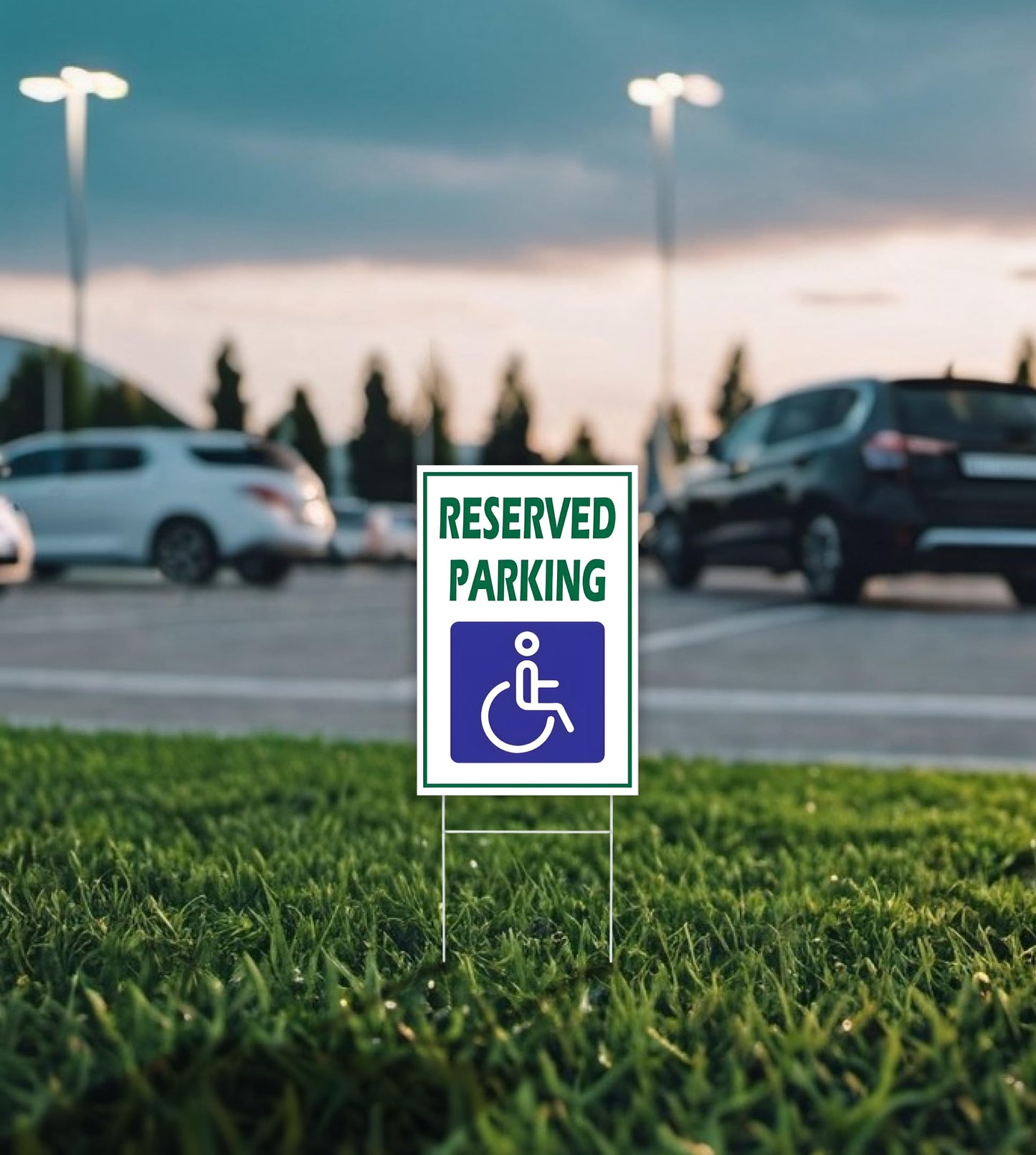 Pack of 3 Reserved Parking Double Sided Sign 12x8 inch with Metal H-Shaped Stakes - Handicap Parking Signs with Picture of Wheelchair Sign - Road Traffic Yard Plastic Signs