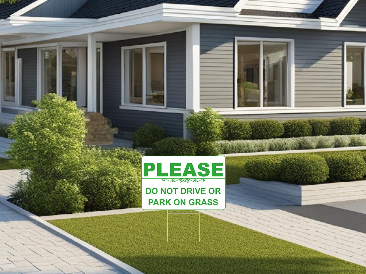 Set of 3 pcs 12 x 8 inch Please Don't Drive Staked Sign - No Parking on Lawn Reversible Sign - No Parking Sign and Don't Walk on Grass - Please Keep Away from Grass Sign - Keep Off The Grass Yard Sign