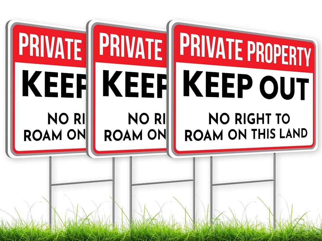 Set of 3 Private Property Sign with Stake - 12x8 Inches Keep Out Signs - No Right to Roam On This Land - Ideal for Property Protection and Security Alert - Outdoor Keep Out Sign for Home Safety