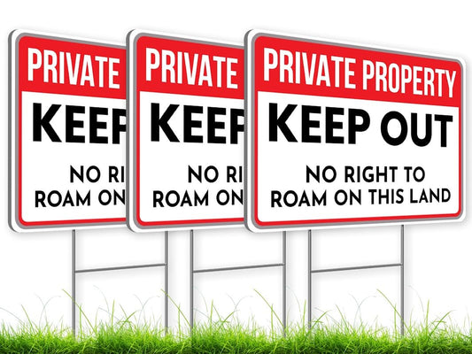 Set of 3 Private Property Sign with Stake - 12x8 Inches Keep Out Signs - No Right to Roam On This Land - Ideal for Property Protection and Security Alert - Outdoor Keep Out Sign for Home Safety