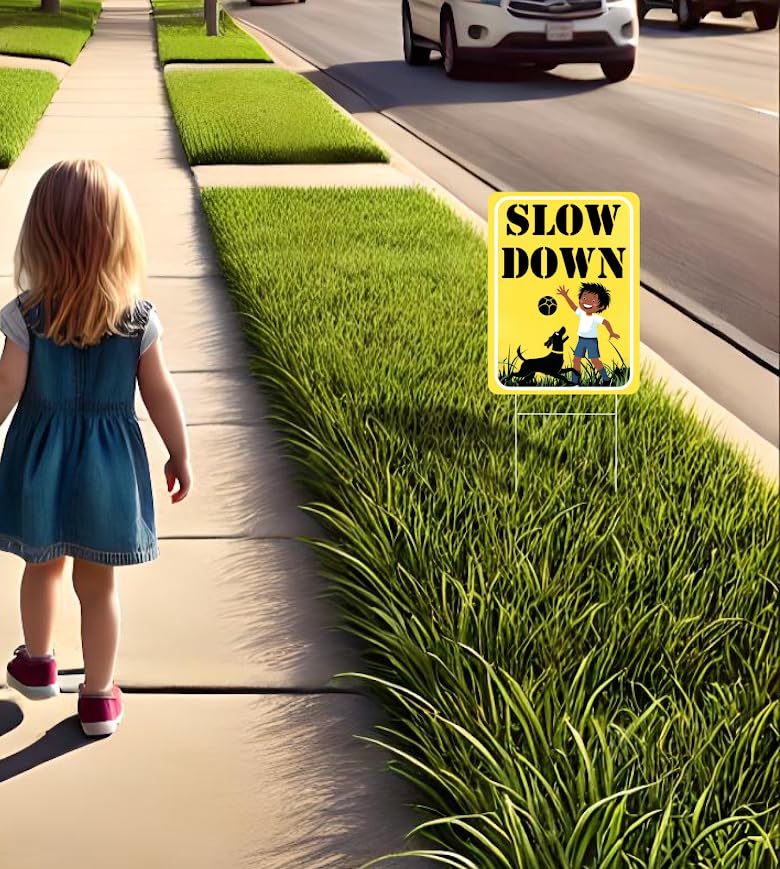 Set of 3 Double Sided 12x16 Inches "SLOW DOWN" Sign with Metal H-Stakes - Children at Play Safety Signs for Street - Kids Playing and Neighborhood Watch Signage - Drive Slow Speed Limit