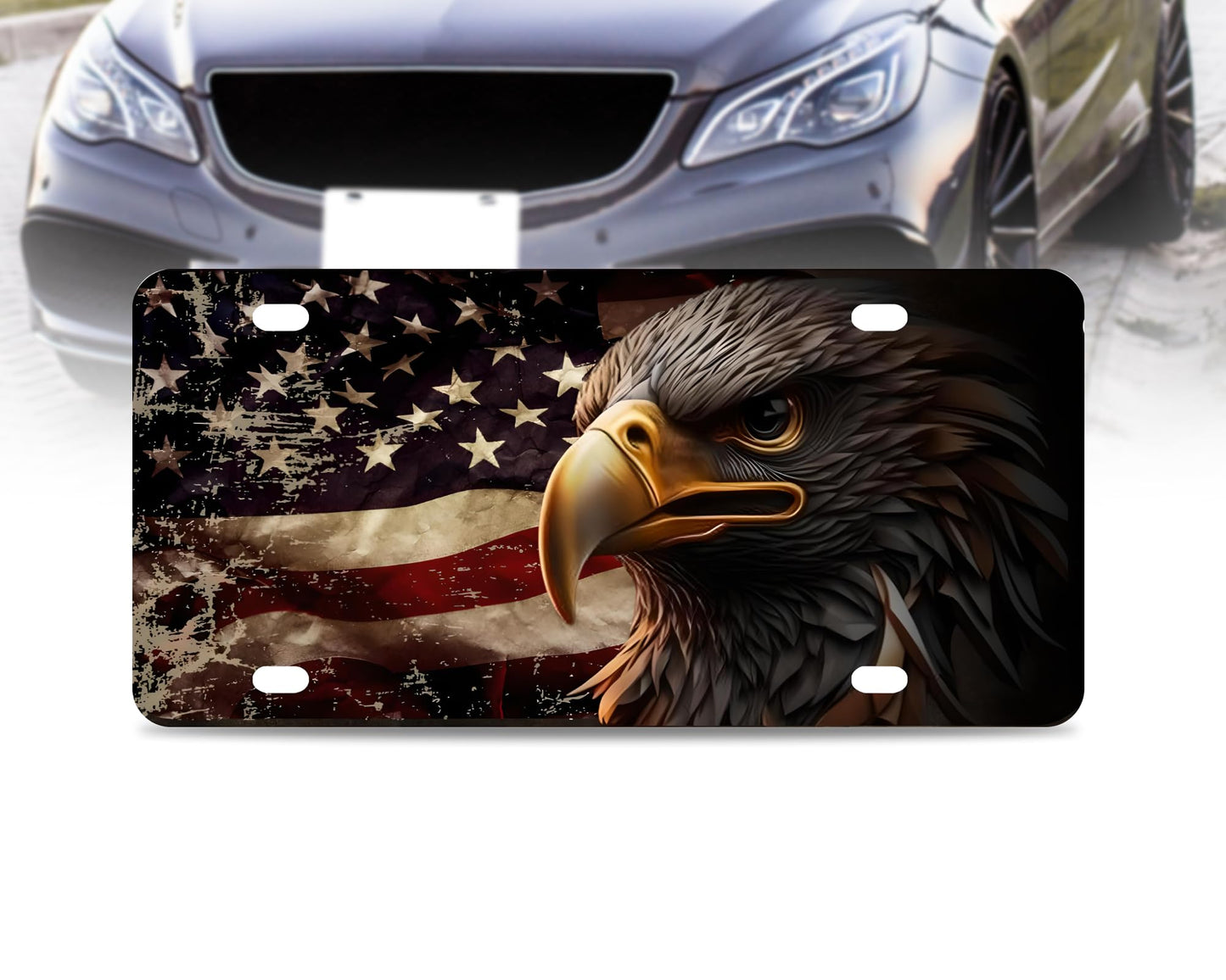 6x12.25 Inch Personalized American Flag Eagle License Plate Frame with 4 Holes and Screws - Vintage Flag License Plate Frames for Car Accessory - Stainless Steel Standart Cars USA and Canada Frame