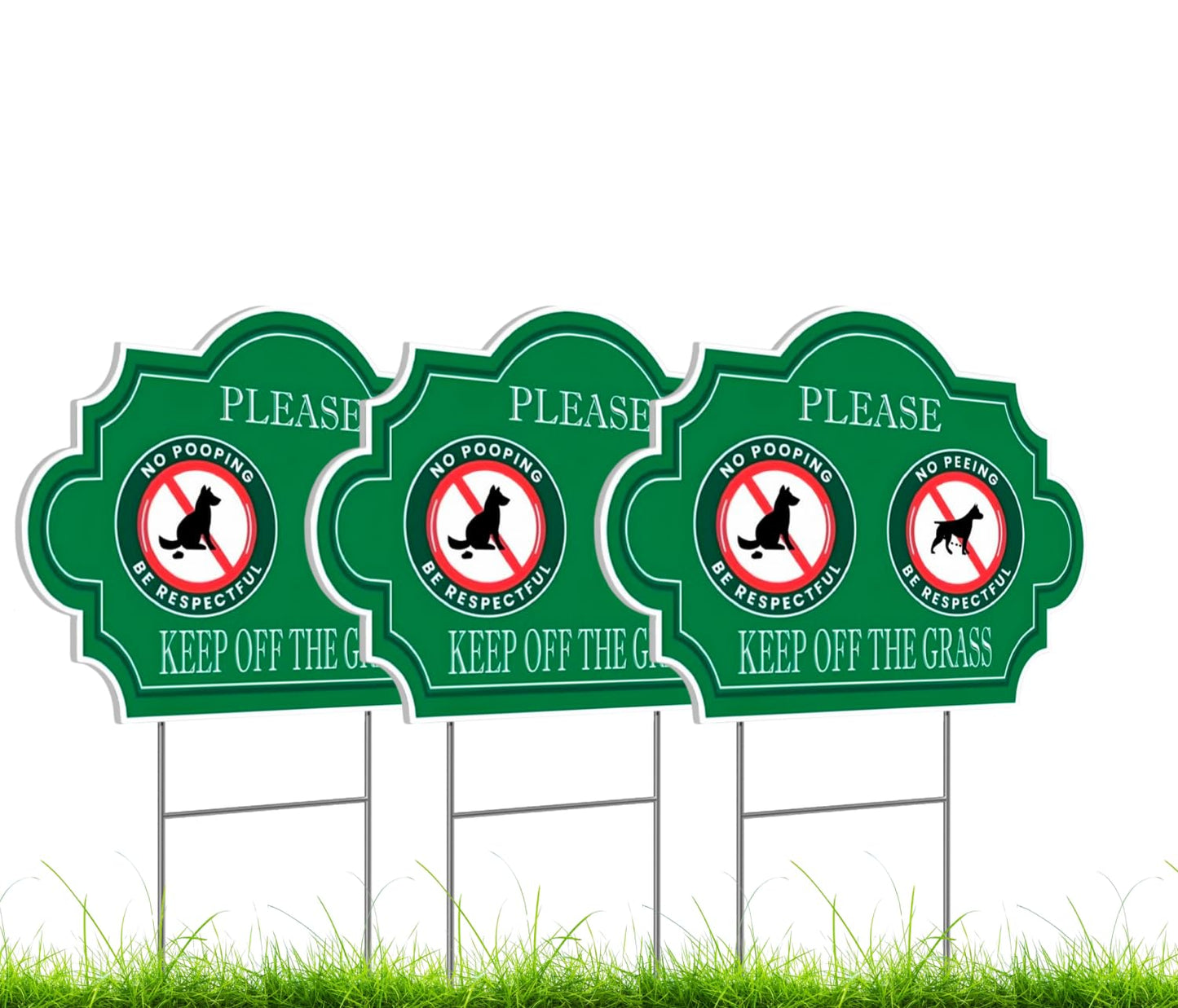 Pack of 3 No Peeing and No Pooping Dog Sign - 12x8 inch Double Sided Please Be Respectful Keep Off The Grass Yard Signs with Metal Wire H-Stakes - No Dog Poop Signs for Yard Outdoor