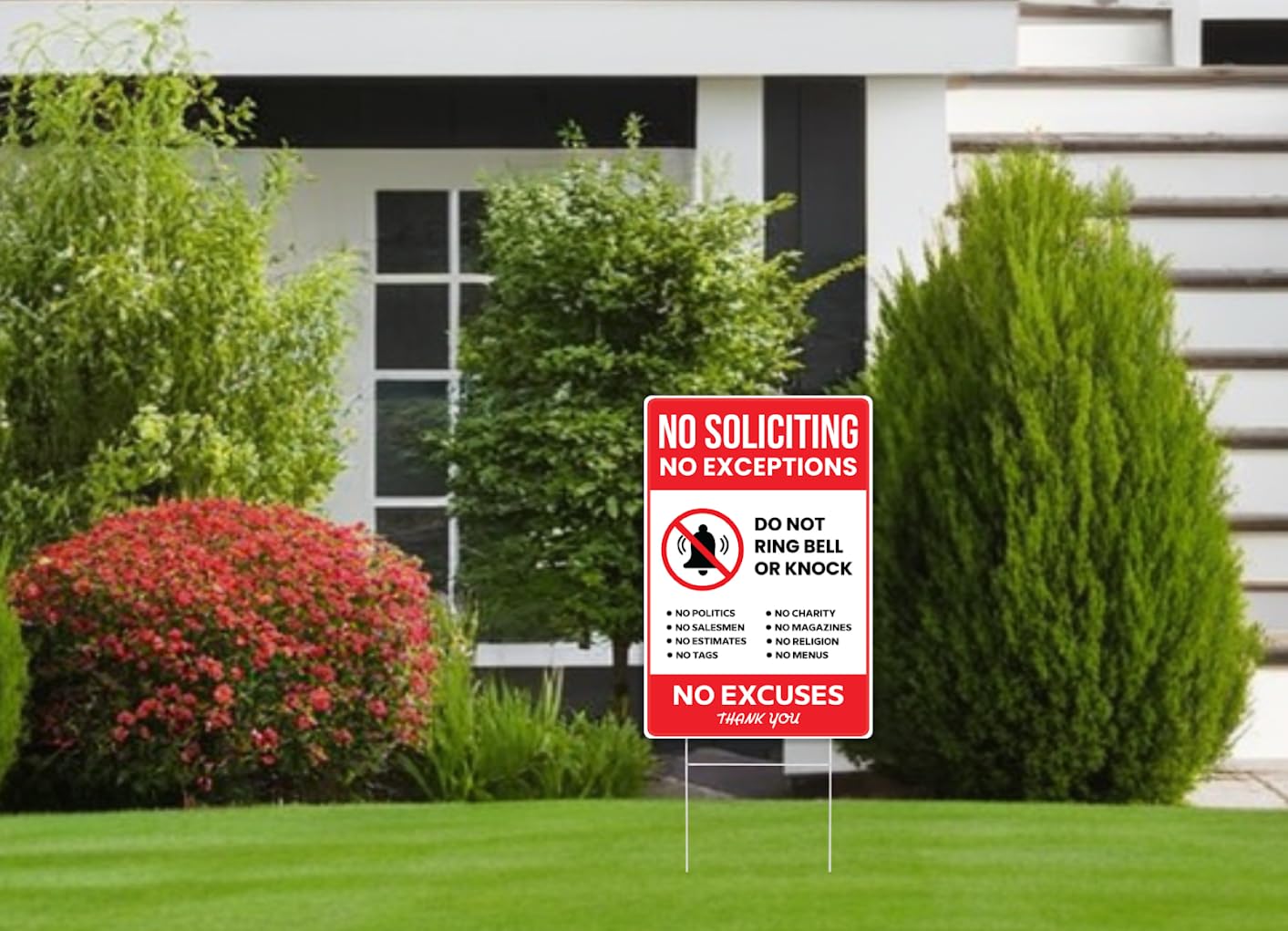 Set of 3 No Solicitation No Exceptions Sign with Metal Stakes - Funny Decor for Home House Yard - No Exceptions Do Not Ring Bell No Knock Sign - No Excuses Lawn Sign for Outdoor