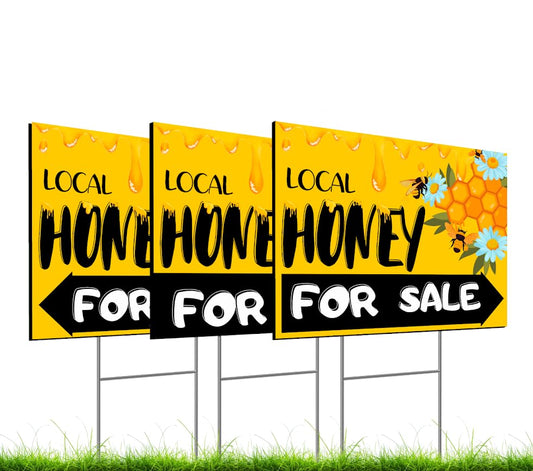 Set of 3 Double Sided 12x16 Inches Local Honey For Sale Yard Sign with Metal H-Stakes - Local Honey Sale Signs for Farm Garden Lawn Outdoor - Funny Signs For Sale Bee Hive Decoration