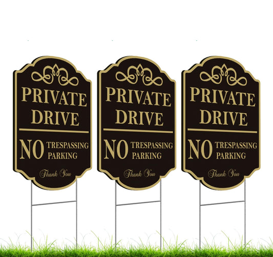 Set of 3 Double Sided 12x16 Inches Private Drive No Trespassing Parking Thank You Signs with Metal H-Stakes - Private Driveway Signs with Stand -Plastic No Parking Sign for Ourdoor