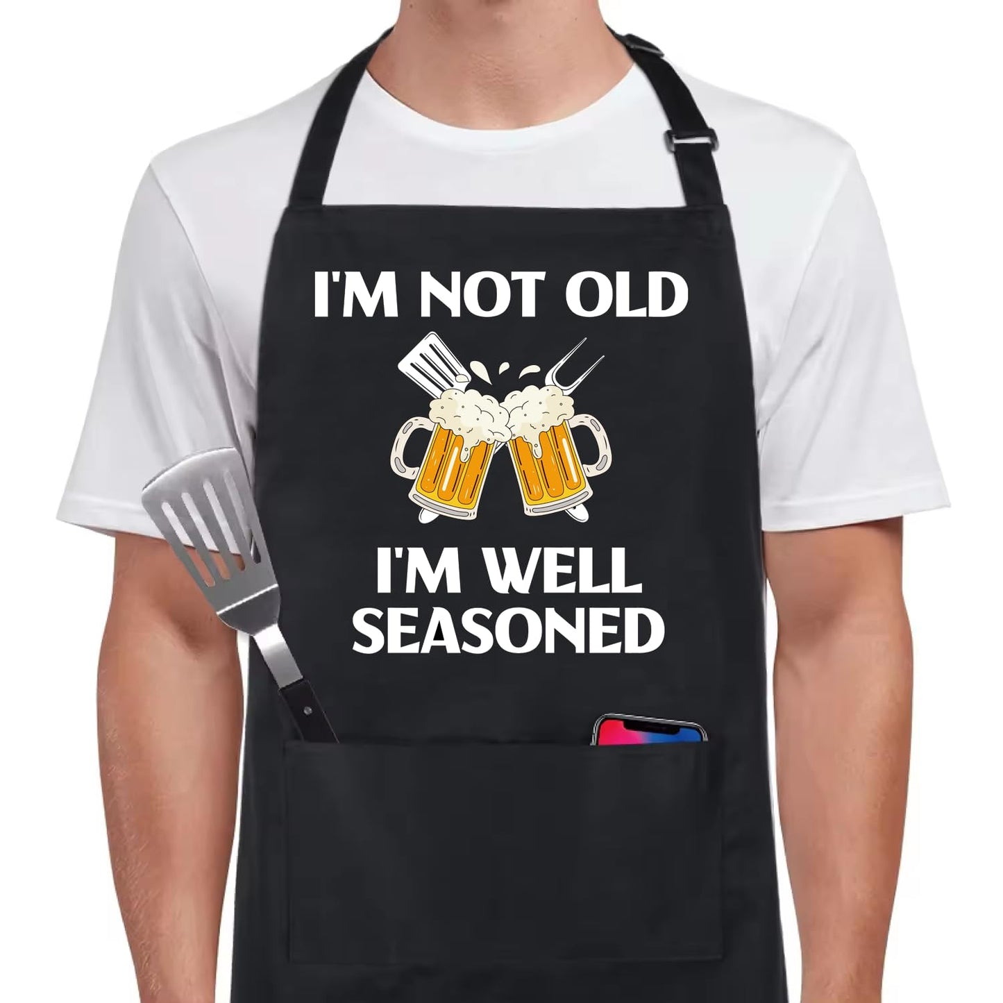 ULVEOL Funny Apron for Men BBQ Grill - Im Not Old Im Well Seasoned Prints for Aprons - Adjustable Kitchen Cooking Aprons with 2 Pocket for Women and Man - Kitchen Aprons Birthday Gift for Baker