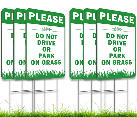 6X Please Do Not Drive Or Park On Grass Signs with Stakes - Plastic Street, Road Private Property No Parking Sign - 12x8 Inch Yard Lawn Stay Off Grass Signs with Stake - Please Keep Off The Grass Sign