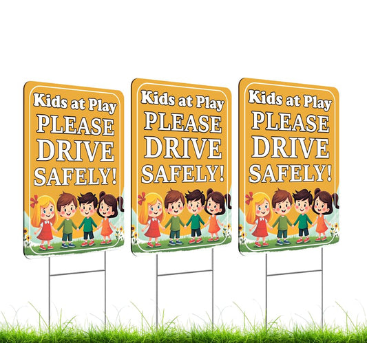 3 Set of 12x16 Inches Plastic Signs "Thank You For Driving Slowly Kids at Play Please Drive Safely" with Metal H-Stakes - Child Playing Sign - Warning Speed Limit Drive Slow Street Signage