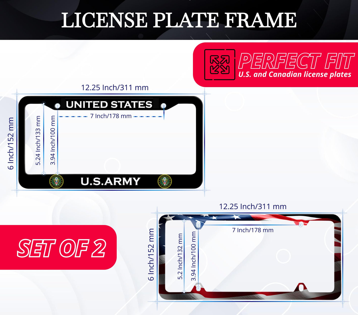 Set of 2 Personalized Car License Plate Frame United States Army - Black Stainless Steel Metal Plate Frame with Screws 6 x 12.25 inches - Standart Cars USA and Canada Frame for Front or Rear
