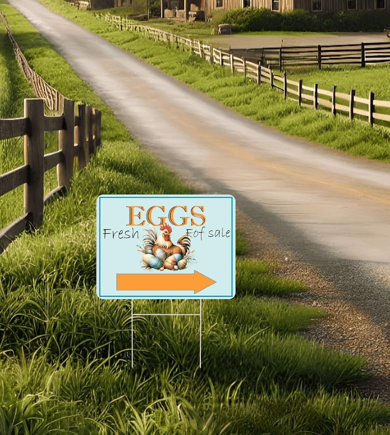 Set of 3 Double Sided 12x16 Inches Eggs Fresh for Sale Sign with Metal H-Stakes - Farm Fresh Eggs Sign for Outdoor and Indoor - Signs Chicken Coop Decoration - Fresh Chicken Eggs For Sale Sign