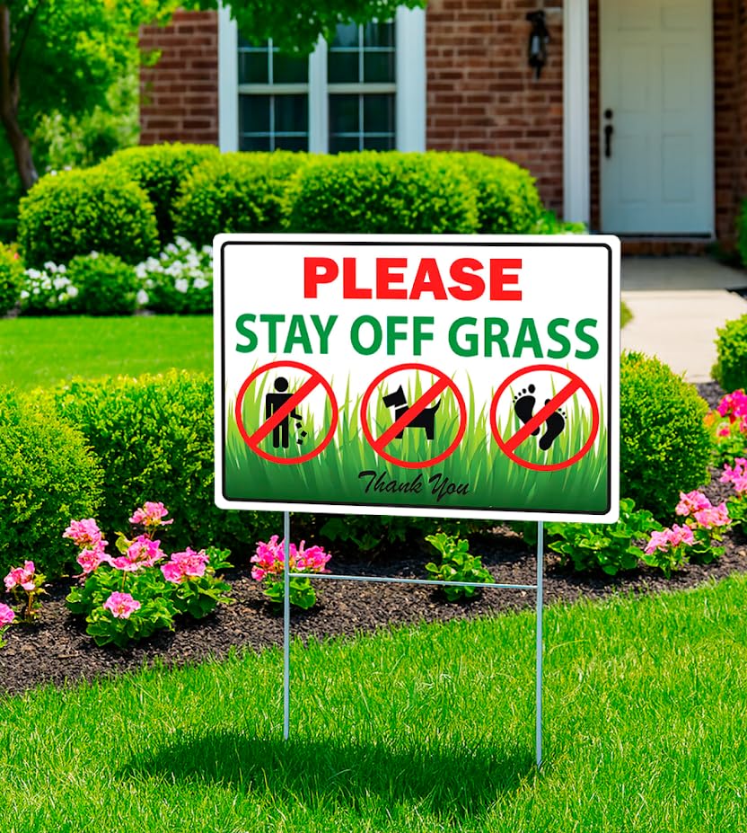 Set of 3 Double Sided 12x8 Inches Plastic Please Do Not Throw Cigarette Butts Signs with Metal H-Stakes - Please Stay Off Grass Sign - No Dog Poop Signs for Yard Outdoor or Garden