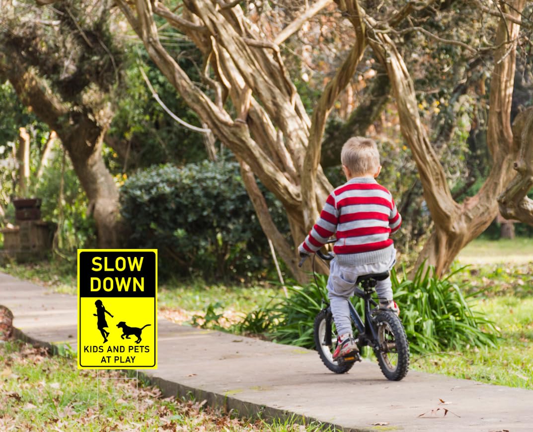 Set of 3 Double Sided 12x16 inches Slow Down Kids and Pets at Play Sign with Metal Wire H-Stakes - Street Slow Children at Play Sign - Animals Crossing Sign - Children at Play Safety Signs for Street