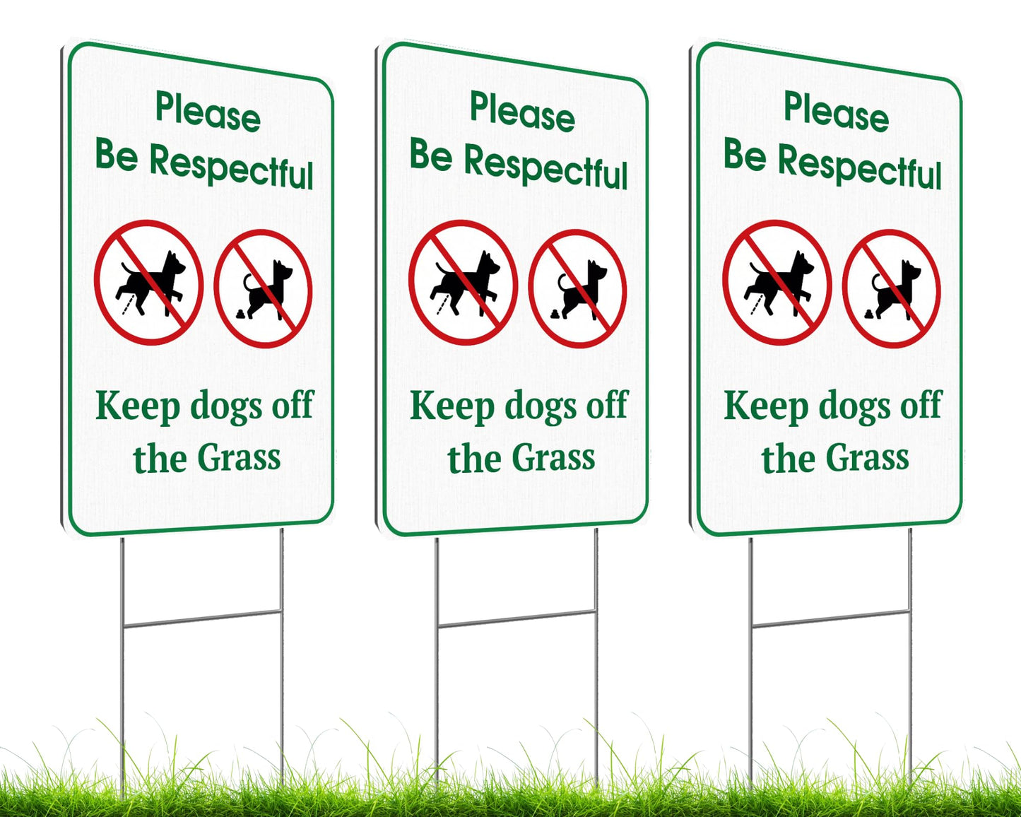 Set of 3 Double Sided 12x8 Inches Please Be Respectful Keep Dogs Off The Grass Sign - No Pooping and No Peeing Dog Signs with Stakes for Yard Garden Lawn Outdoor - Be a Good Neighbor Sign