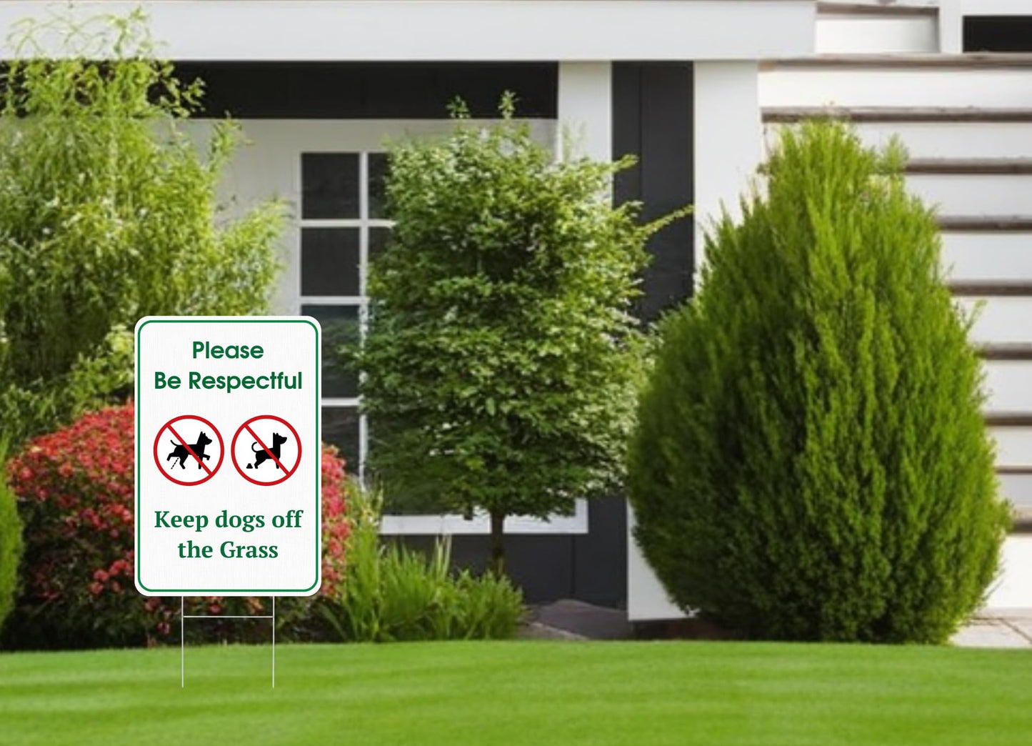 Set of 3 Double Sided 12x8 Inches Please Be Respectful Keep Dogs Off The Grass Sign - No Pooping and No Peeing Dog Signs with Stakes for Yard Garden Lawn Outdoor - Be a Good Neighbor Sign