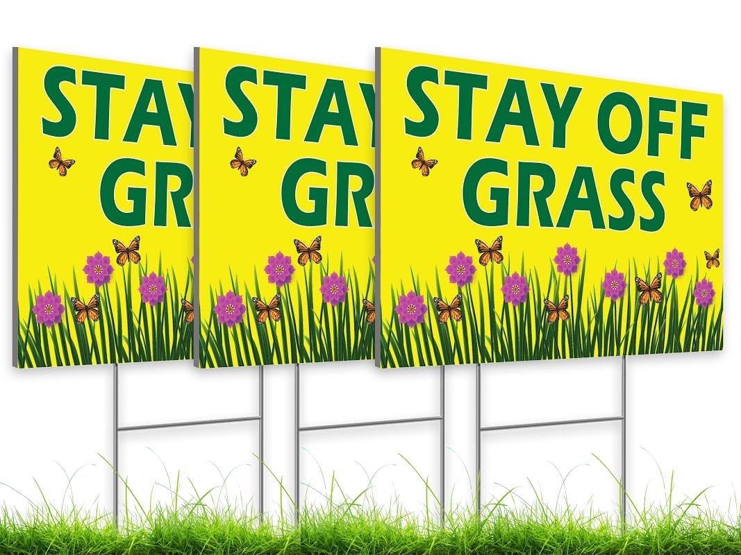 Pack of 3 Stay Off Grass Sign - 8x12 Double Sided Coroplast Keep Off Grass Sign with Stake - No Pooping Dog Signs - Keep Dogs Off Lawn Sign - No Pets No Dogs Allowed or Keep Dogs off Lawn Sign