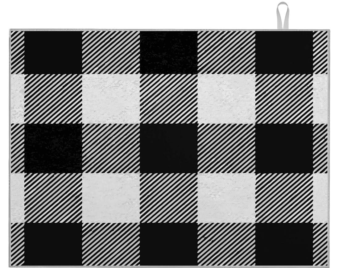 18x24 Inches Dish Drying Mats with White and Black Plaid - Classic Buffalo Check Dishes Pad Dish Drainer - Rack Mats Absorbent Fast Dry Kitchen Accessories - Drying Mat for Dishes Microfiber