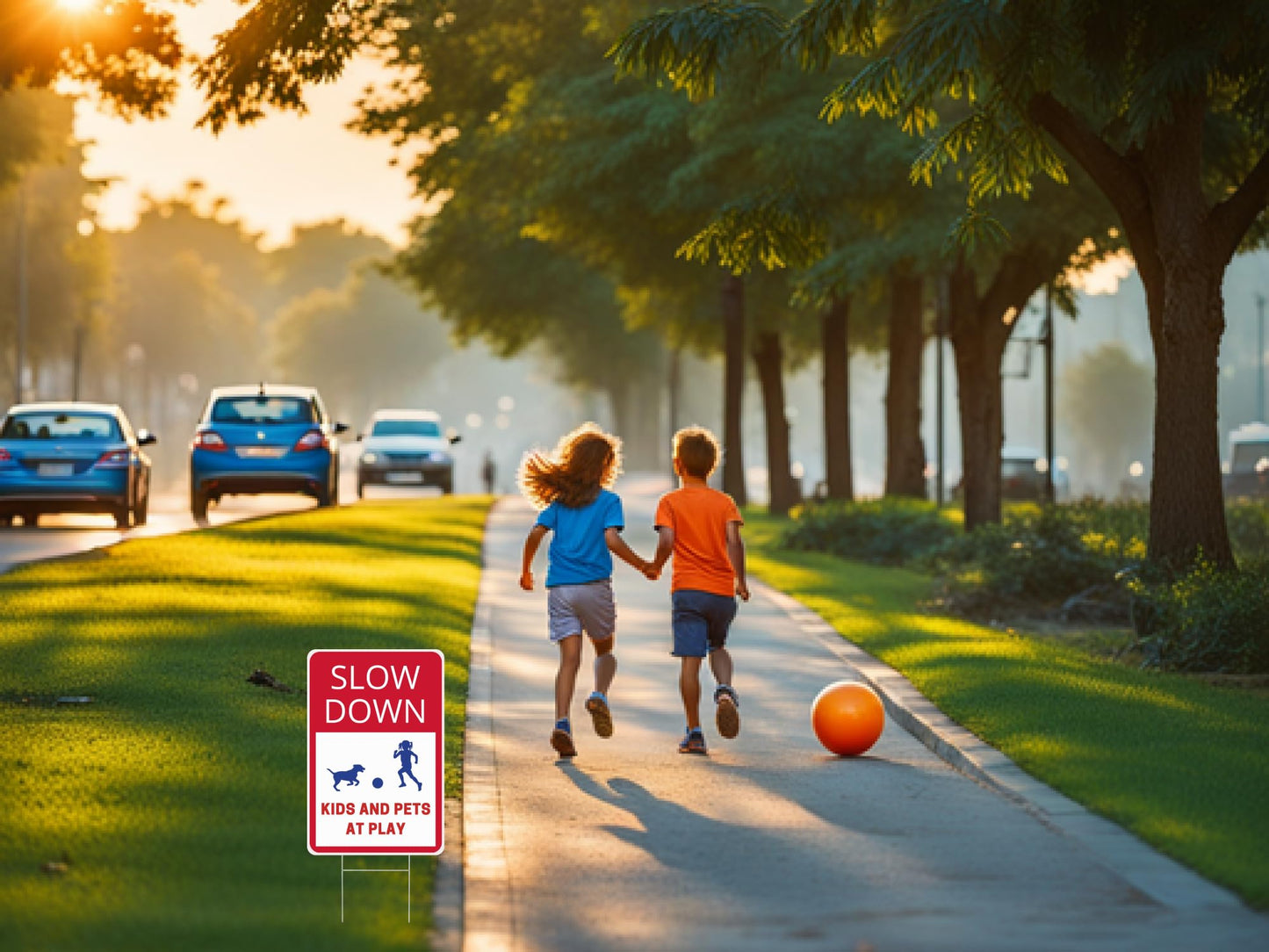 Set of 3 Double Sided Slow Down Kids and Pets At Play Signs with Metal Wire H-Stakes for Street - Children at Play Safety Signs with 12x8 Inches - Kids At Play Safety Signs