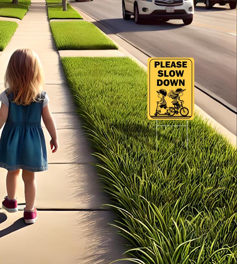 Set of 3 Double Sided 12x16 Inches "Please Slow Down" Sign with Metal H-Stakes - Сhildren at Play Safety Signage for Street - School Zone Speed Limit - Drive Like Your Child Live Here Yard